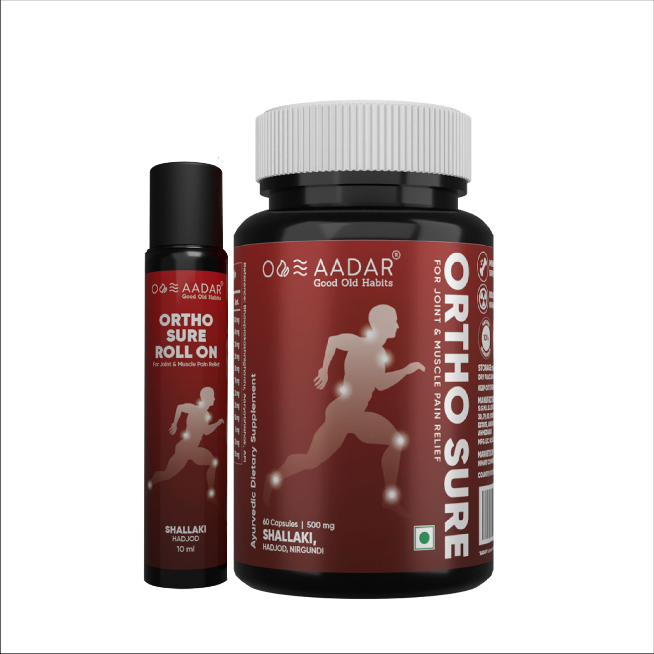 AADAR Ayurvedic ORTHO SURE Pack Pain Relief Capsule (60 Capsules) and Roll On (10 ml) for Knee, Back, Joints and Muscle Shallaki, Hadjod
AADAR Ayurvedic ORTHO SURE Pack Pain Relief Capsule (60 Capsules) and Roll On (10 ml) for Knee, Back, Joints and Muscle Shallaki, Hadjod