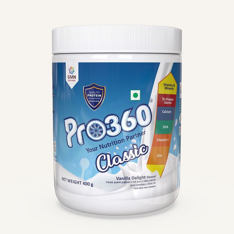 Pro360 Classic Daily Wellness Protein Health Drink Family Nutrition Supplement Powder for Men and Women - 400G (Vanilla Delight)
Pro360 Classic Daily Wellness Protein Health Drink Family Nutrition Supplement Powder for Men and Women - 400G (Vanilla Delight)