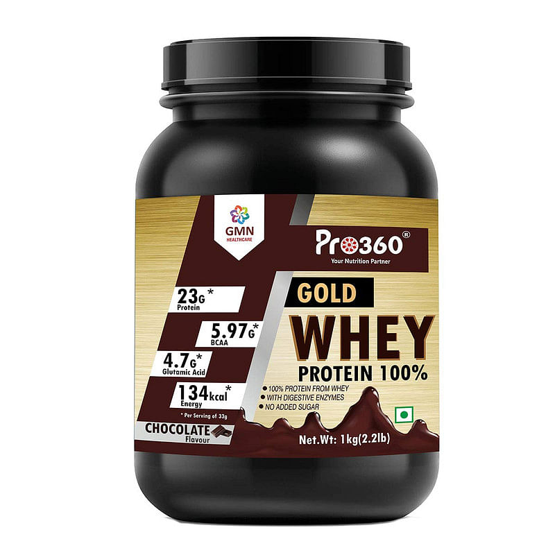 Pro360 Gold Whey Protein - Chocolate - (100% Whey Protein with Digestive Enzymes, 23g Protein, 5.97g BCAA, 4.7g Glutamic Acid per Serving) (1kg pack)
Pro360 Gold Whey Protein - Chocolate - (100% Whey Protein with Digestive Enzymes, 23g Protein, 5.97g BCAA, 4.7g Glutamic Acid per Serving) (1kg pack)
