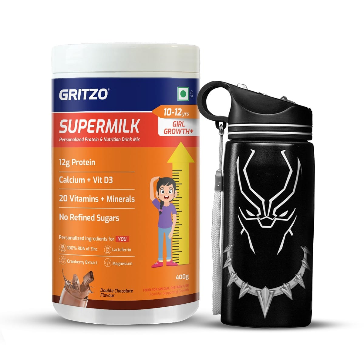 Gritzo SuperMilk Growth+ (10-12y Girls), 12g Protein Powder (Double Chocolate, 400g) with Black Panther Sipper Bottle (Black, 500ml)
Gritzo SuperMilk Growth+ (10-12y Girls), 12g Protein Powder (Double Chocolate, 400g) with Black Panther Sipper Bottle (Black, 500ml)
