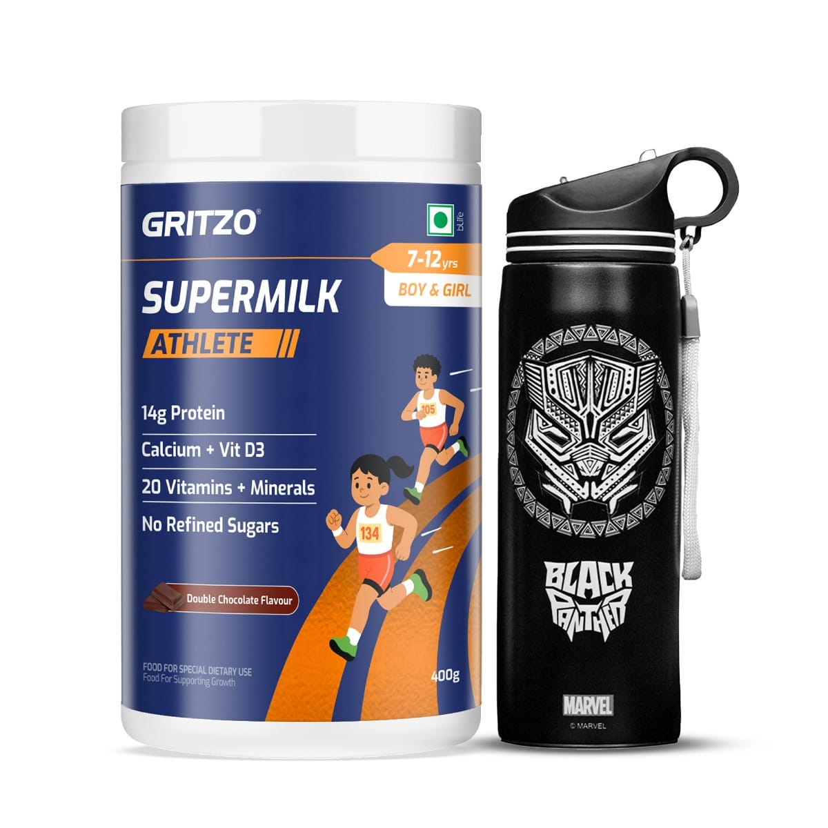 Gritzo SuperMilk Athlete (7-12y Boy & Girl), 14g Protein Powder (Double Chocolate, 400g) with Black Panther Sipper Bottle (Black, 700ml)
Gritzo SuperMilk Athlete (7-12y Boy & Girl), 14g Protein Powder (Double Chocolate, 400g) with Black Panther Sipper Bottle (Black, 700ml)