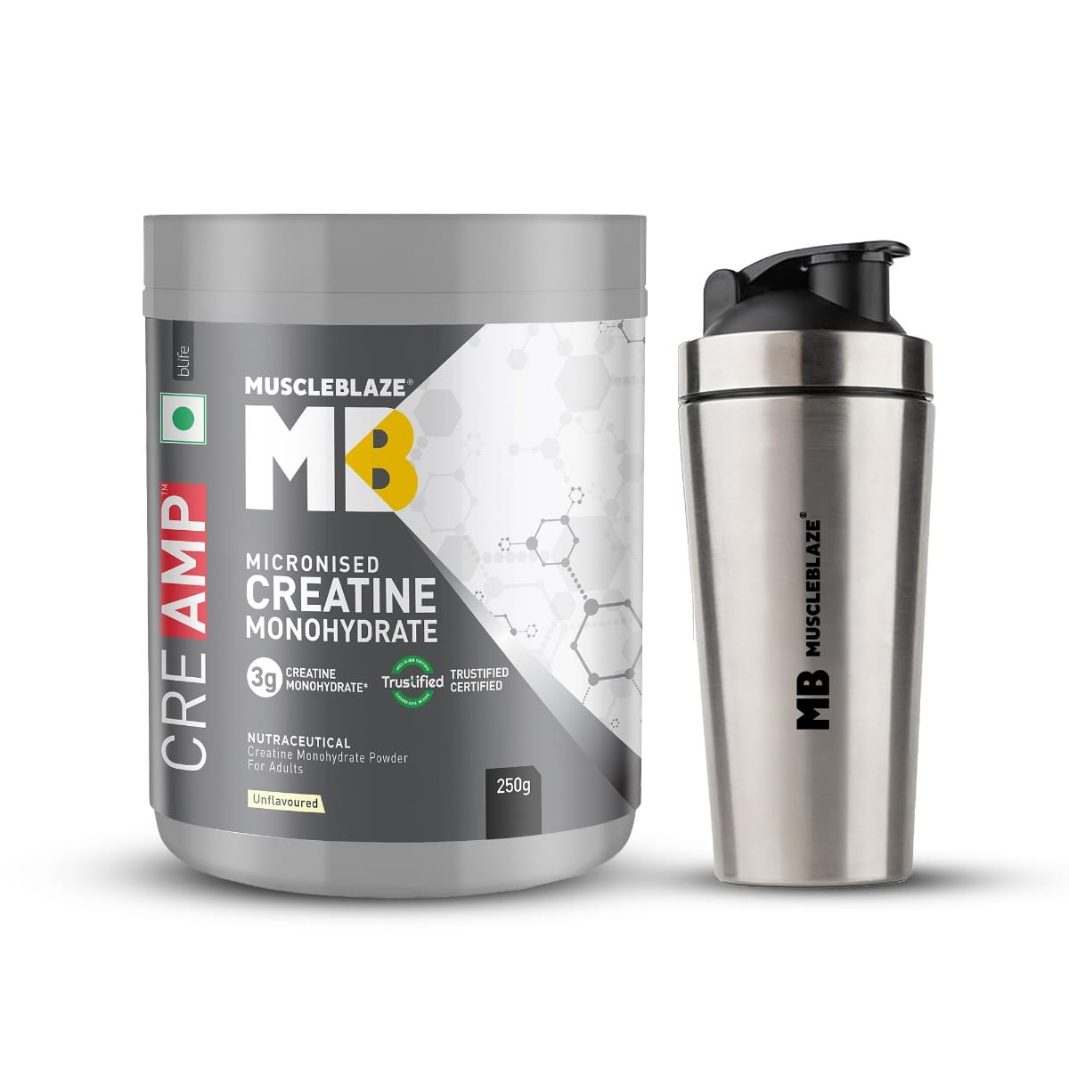 MuscleBlaze Micronised Creatine Monohydrate CreAMP (Unflavoured, 80 Servings, 250g) | Trustified Certified Creatine with Gym Steel Shaker
MuscleBlaze Micronised Creatine Monohydrate CreAMP (Unflavoured, 80 Servings, 250g) | Trustified Certified Creatine with Gym Steel Shaker