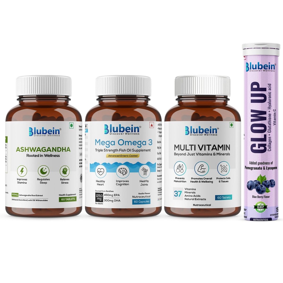 Blubein Ultimate 4-in-1 Combo |Omega 3 Fish oil Capsules 60N | Multivitamin 60N | Ashwagandha 60N| L- Glutathione 15N
Blubein Ultimate 4-in-1 Combo |Omega 3 Fish oil Capsules 60N | Multivitamin 60N | Ashwagandha 60N| L- Glutathione 15N