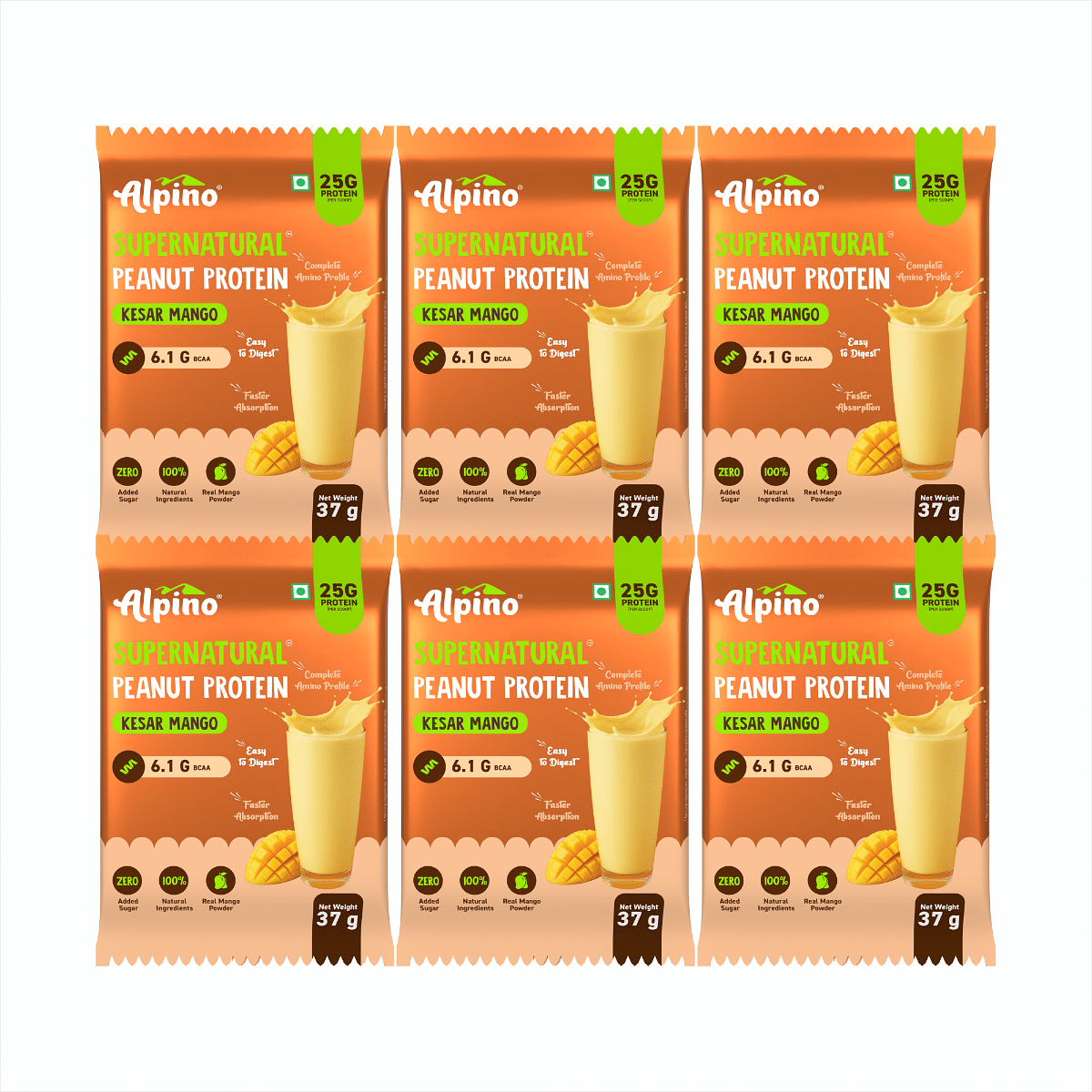 Alpino Supernatural Peanut Protein Powder Kesar Mango 222g (37g x Pack of 6) - 25g Plant Based Protein, 6.1g BCAAs, No Added Sugar, Vegan
Alpino Supernatural Peanut Protein Powder Kesar Mango 222g (37g x Pack of 6) - 25g Plant Based Protein, 6.1g BCAAs, No Added Sugar, Vegan
