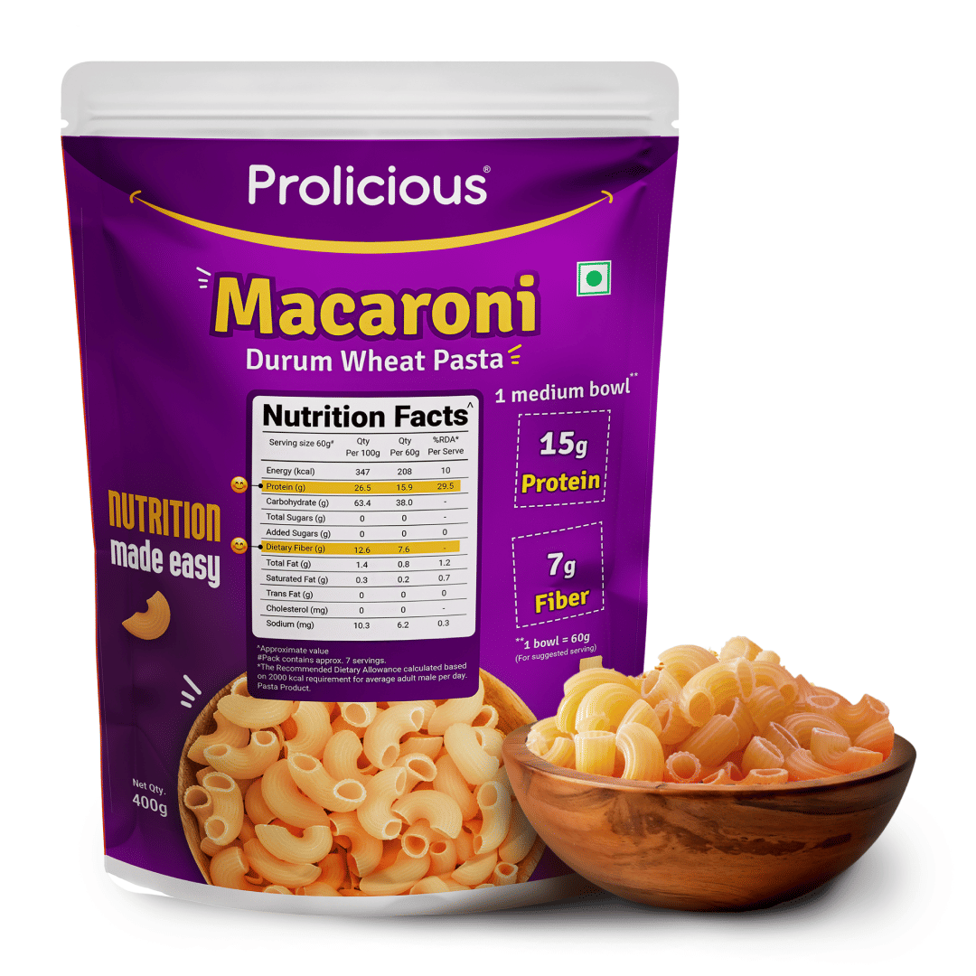 Prolicious Macaroni Pasta | High Protein High Fiber Pasta | Made with Durum Wheat | Natural Protein | 400 g
Prolicious Macaroni Pasta | High Protein High Fiber Pasta | Made with Durum Wheat | Natural Protein | 400 g