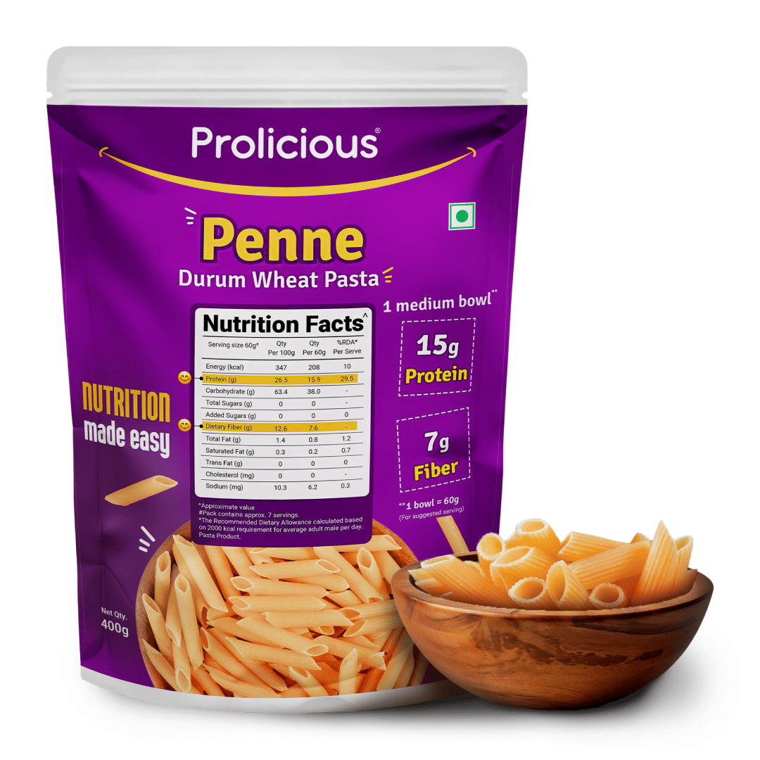 Prolicious Penne Pasta | High Protein High Fiber Pasta | Made with Durum Wheat | Natural Protein | 400 g
Prolicious Penne Pasta | High Protein High Fiber Pasta | Made with Durum Wheat | Natural Protein | 400 g
