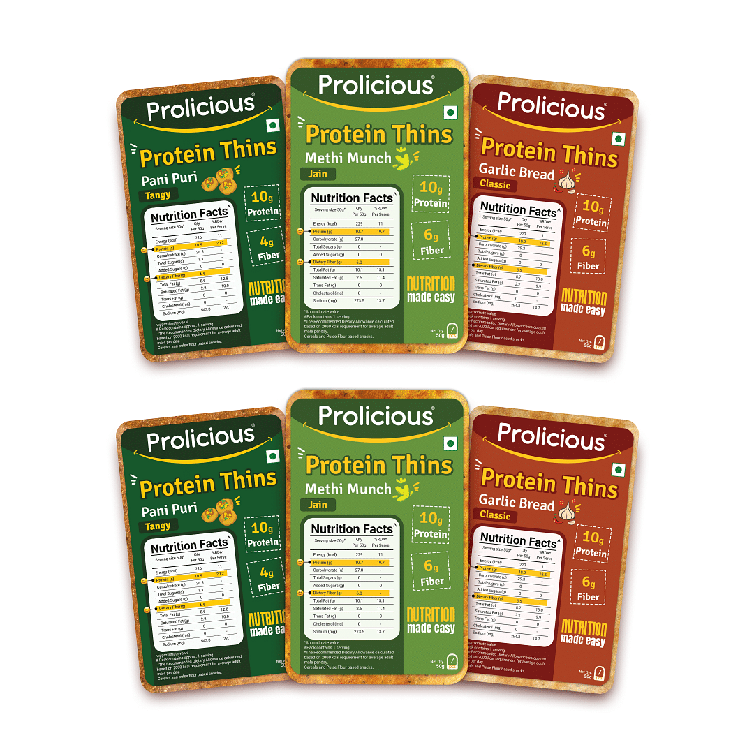 Prolicious Protein Thins Combo | High Protein High Fiber Snack | Natural Protein | No Palm Oil | Plant Based | Pack of 7, 50grams each
Prolicious Protein Thins Combo | High Protein High Fiber Snack | Natural Protein | No Palm Oil | Plant Based | Pack of 7, 50grams each
