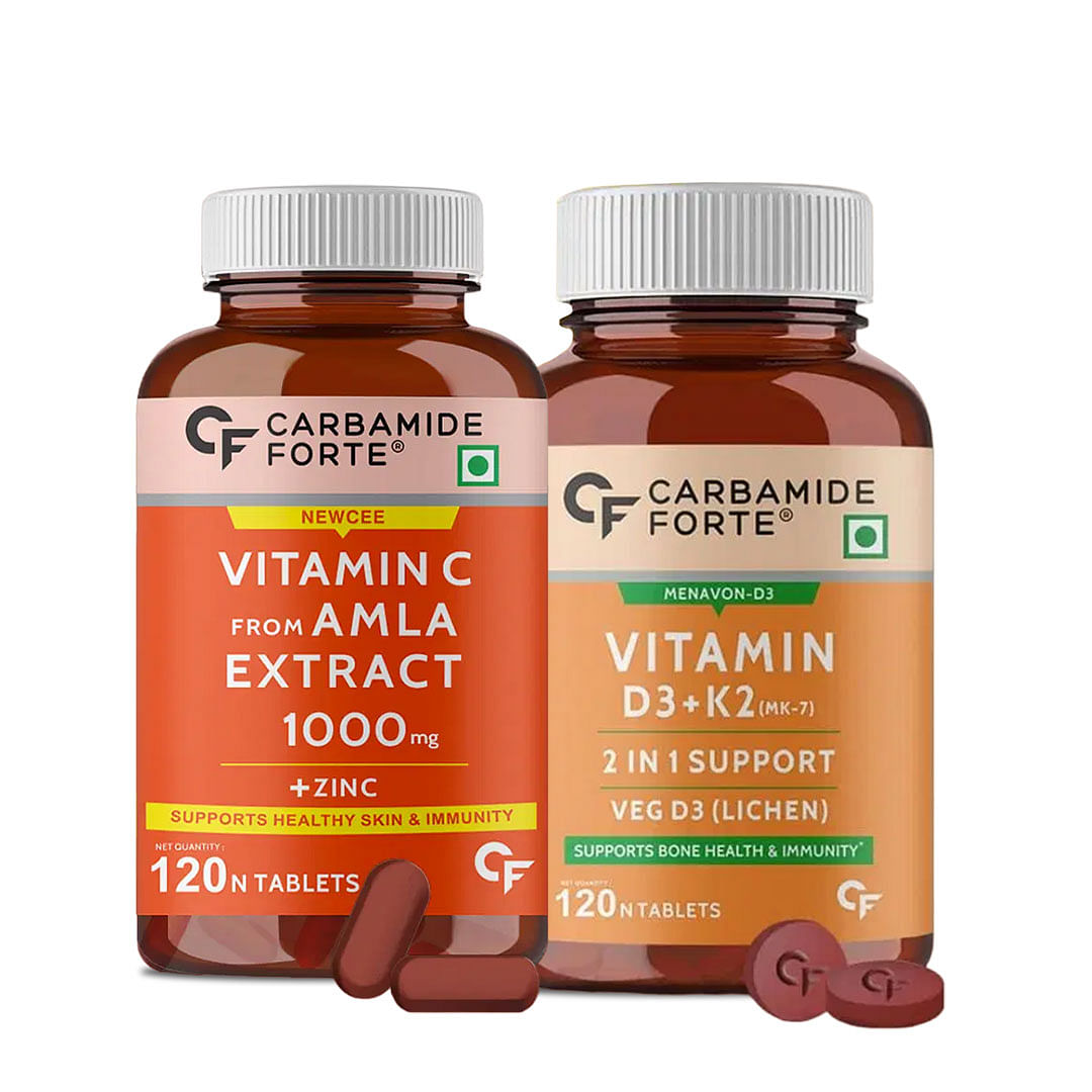 Total Immunity and Wellness Combo: Carbamide Forte Vitamin C with Amla & Zinc + Vitamin D3 K2 MK7 - 120 Veg Tablets Each
Total Immunity and Wellness Combo: Carbamide Forte Vitamin C with Amla & Zinc + Vitamin D3 K2 MK7 - 120 Veg Tablets Each