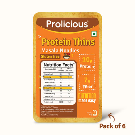Prolicious High Protein Gluten Free Masala Noodle Protein Thins (Pack of 6, 50gm each)
Prolicious High Protein Gluten Free Masala Noodle Protein Thins (Pack of 6, 50gm each)