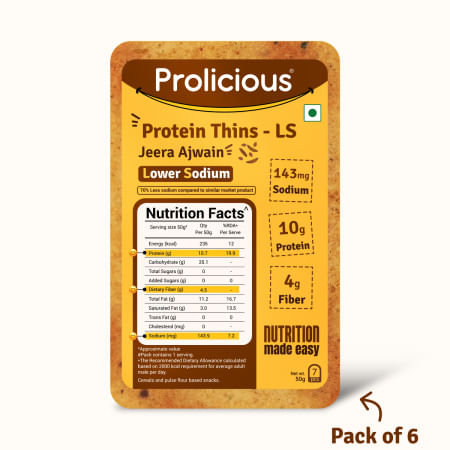 Prolicious High Protein Lower Sodium Jeera Ajwain Protien Thins (Pack of 6, 50gm each)
Prolicious High Protein Lower Sodium Jeera Ajwain Protien Thins (Pack of 6, 50gm each)