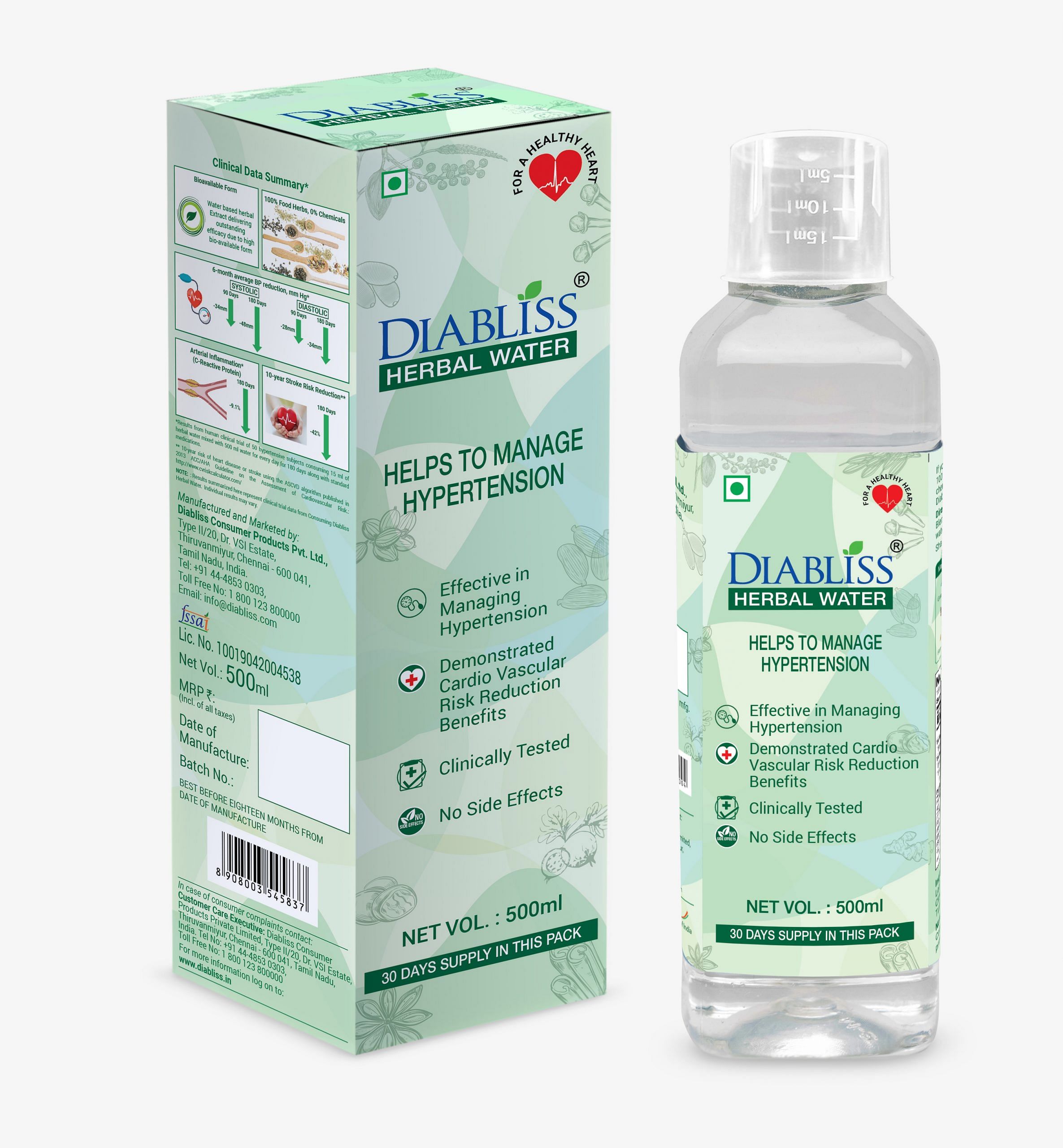Diabliss Herbal Water to Manage Hypertension, Clinically Tested in Lowering Systolic & Diastolic Blood Pressure(BP) Significantly
Diabliss Herbal Water to Manage Hypertension, Clinically Tested in Lowering Systolic & Diastolic Blood Pressure(BP) Significantly