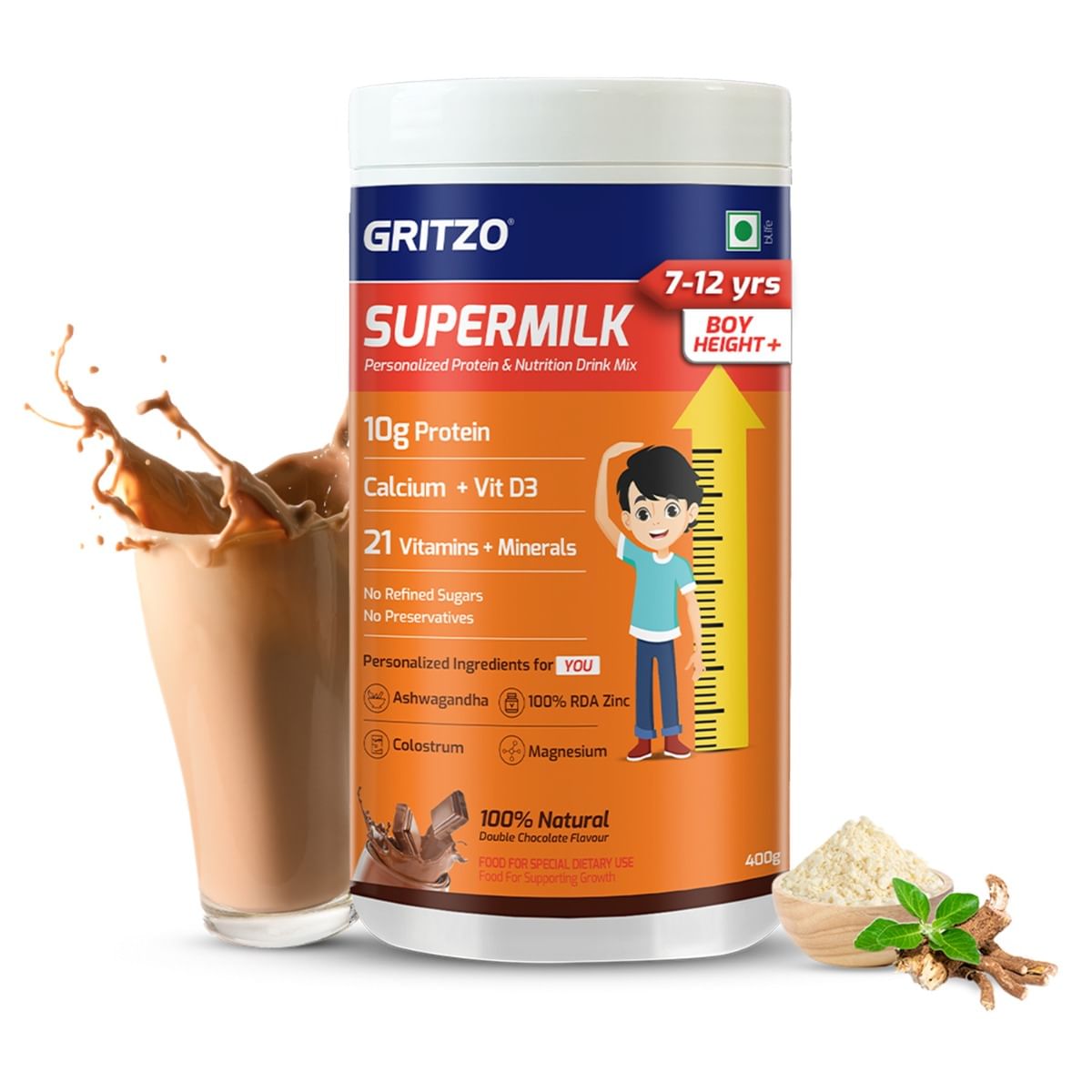 Gritzo SuperMilk Height+ (7-12y Boys), 10g Protein (Double Chocolate, 400g) | Zero Refined Sugar, 21 Vitamins & Minerals
Gritzo SuperMilk Height+ (7-12y Boys), 10g Protein (Double Chocolate, 400g) | Zero Refined Sugar, 21 Vitamins & Minerals