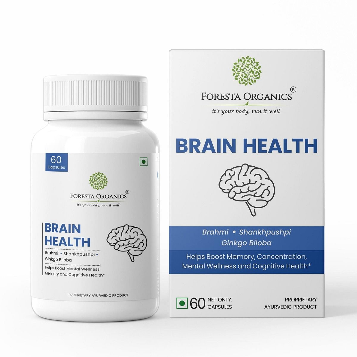 Foresta Organics Brain Health with Brahmi, Shankhpushpi & Gingko Biloba -60 Capsules
Foresta Organics Brain Health with Brahmi, Shankhpushpi & Gingko Biloba -60 Capsules