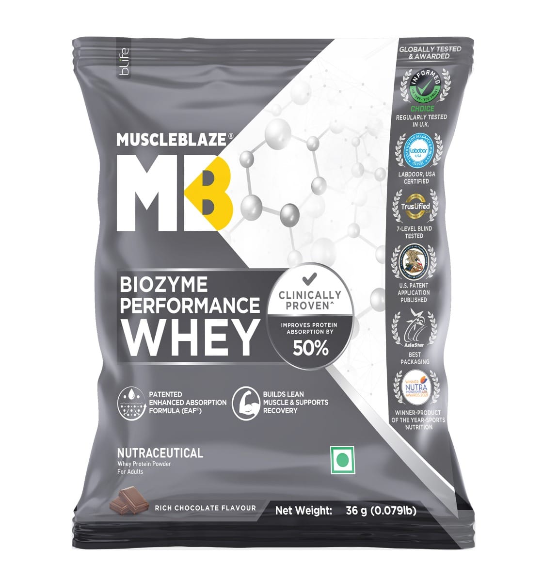 MuscleBlaze Biozyme Performance Whey Rich Chocolate 36g (single serving)
MuscleBlaze Biozyme Performance Whey Rich Chocolate 36g (single serving)