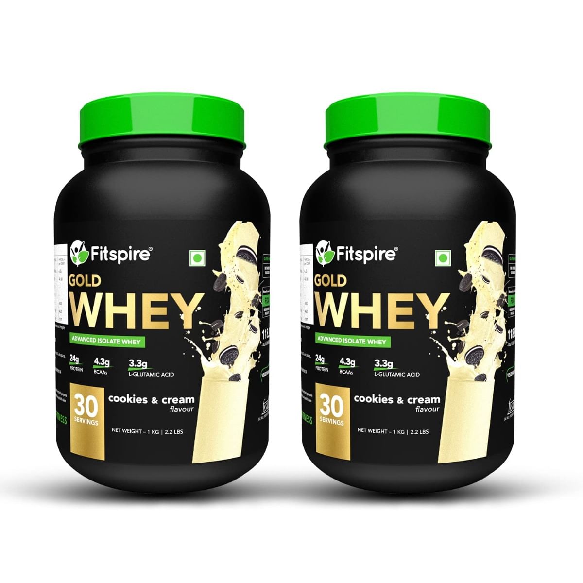 Fitspire 100% Gold Advanced Isolate Whey Protein - Cookie & Cream, 1kg / 2.2lb Each Bottle with 24gm Protein, 4.3gm BCAA for Faster Recovery & Musc...
Fitspire 100% Gold Advanced Isolate Whey Protein - Cookie & Cream, 1kg / 2.2lb Each Bottle with 24gm Protein, 4.3gm BCAA for Faster Recovery & Musc...