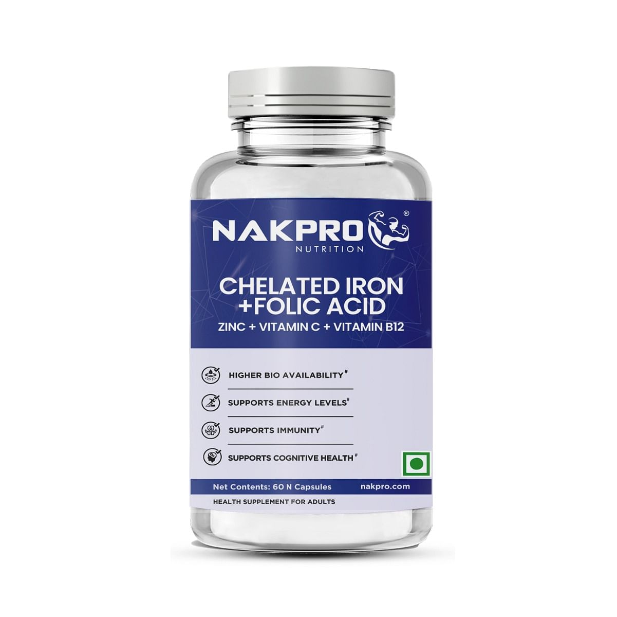 NAKPRO Chelated Iron Folic Acid Supplement, 60 Veg Capsules | With Vitamin C, Zinc & Vitamin B12 | Hemoglobin Booster, Supports Immunity & Energy
NAKPRO Chelated Iron Folic Acid Supplement, 60 Veg Capsules | With Vitamin C, Zinc & Vitamin B12 | Hemoglobin Booster, Supports Immunity & Energy