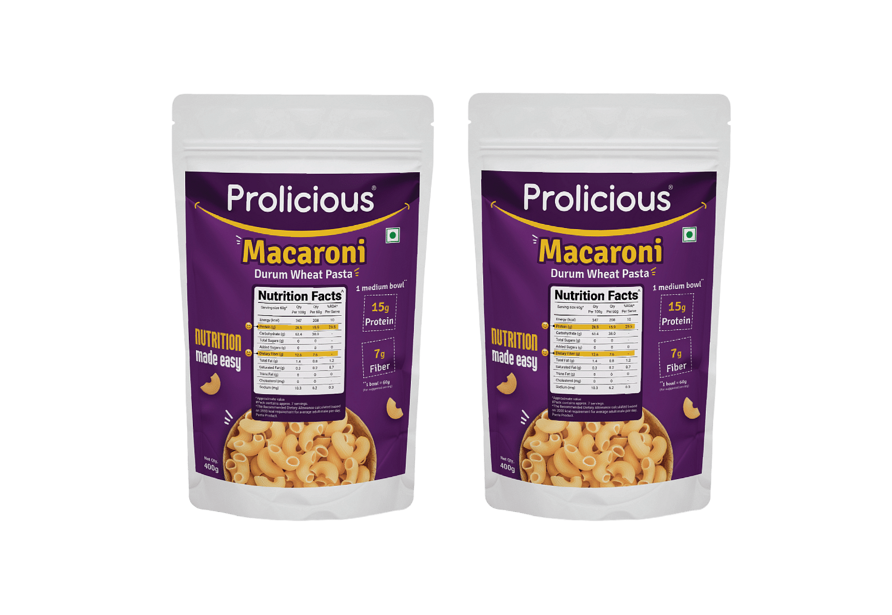 Prolicious Macaroni Pasta | High Protein High Fiber Pasta | Made with Durum Wheat | Natural Protein | 400 g | Pack of 2
Prolicious Macaroni Pasta | High Protein High Fiber Pasta | Made with Durum Wheat | Natural Protein | 400 g | Pack of 2