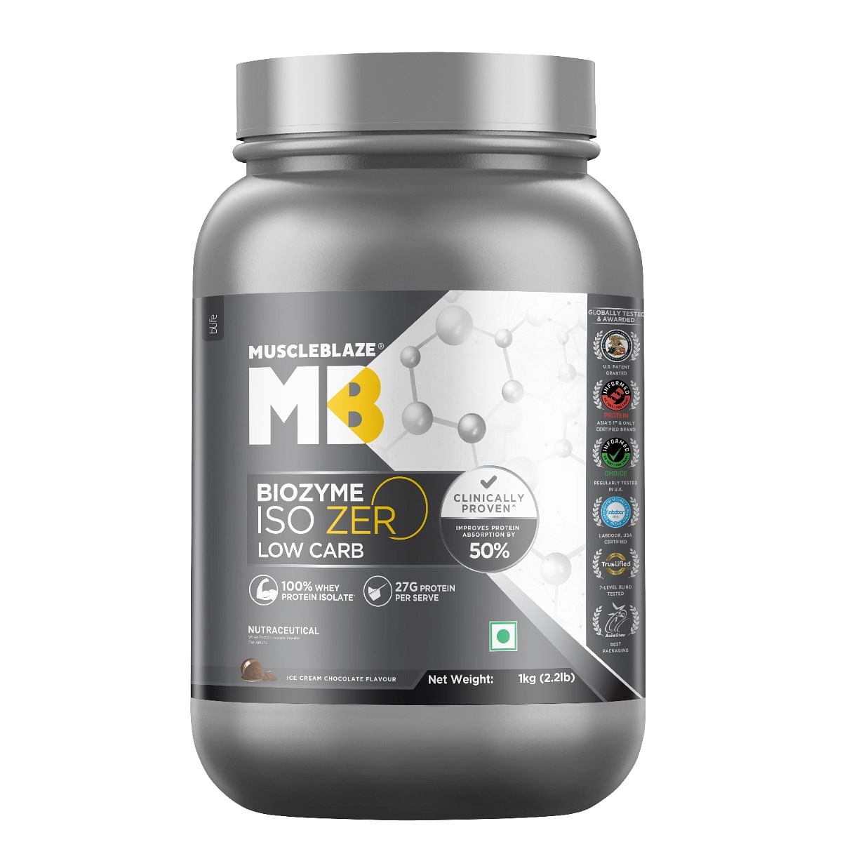 MuscleBlaze Biozyme Iso-Zero, Low Carb Whey Protein Isolate, 27 g Isolate Whey Per Scoop (Ice Cream Chocolate, 1 kg / 2.2 lb) with USA Patent-Publi...
MuscleBlaze Biozyme Iso-Zero, Low Carb Whey Protein Isolate, 27 g Isolate Whey Per Scoop (Ice Cream Chocolate, 1 kg / 2.2 lb) with USA Patent-Publi...
