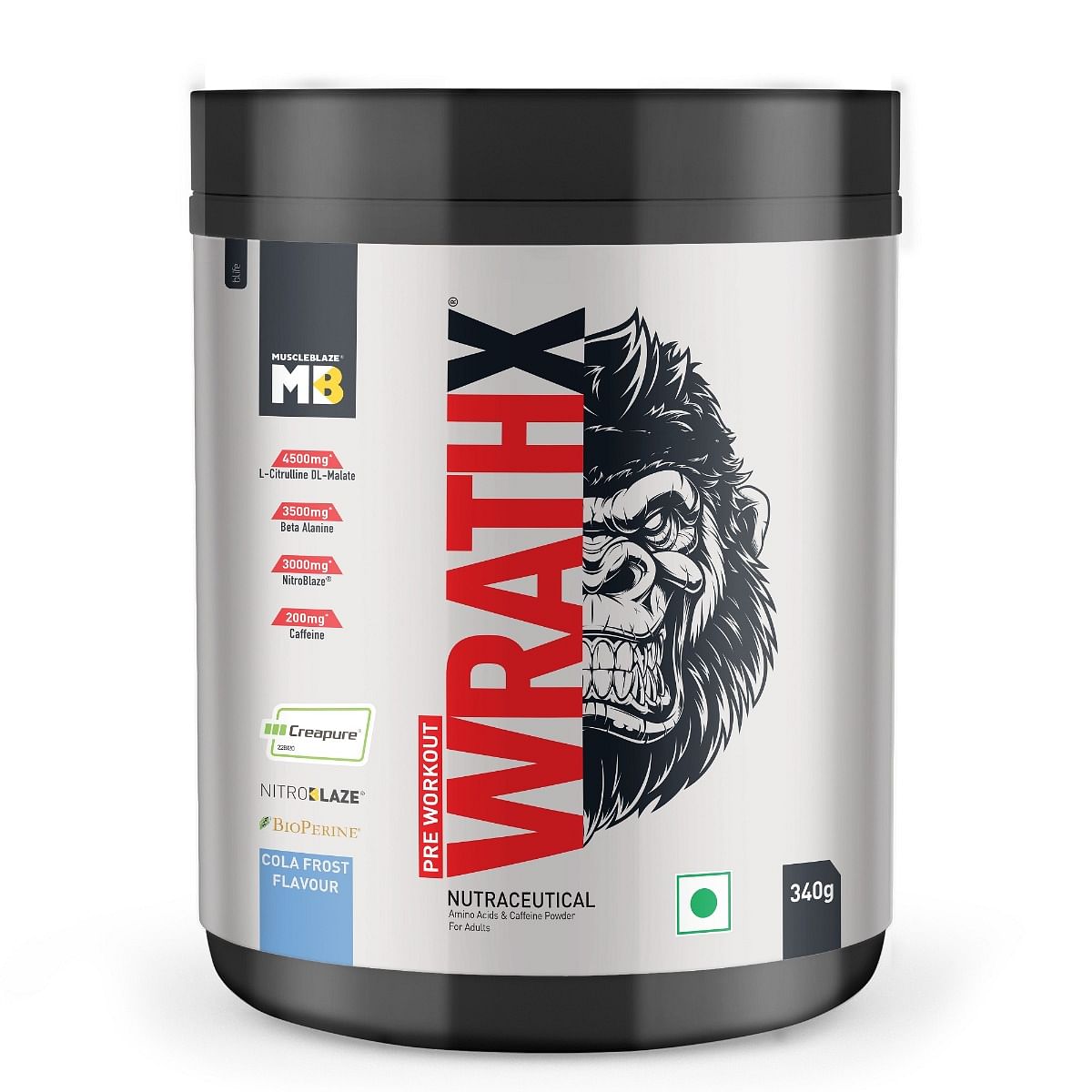 MuscleBlaze Pre Workout WrathX with Creapure®️, Nitroblaze & BioPerine (Cola Frost, 340 g, 20 Servings)
MuscleBlaze Pre Workout WrathX with Creapure®️, Nitroblaze & BioPerine (Cola Frost, 340 g, 20 Servings)