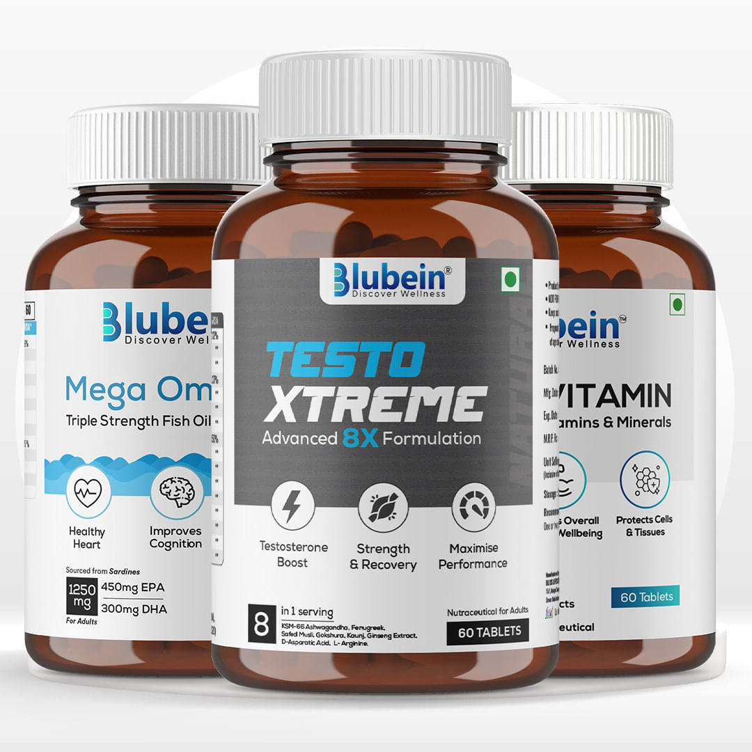 Blubein’s Total Wellness Trio PRO | 1250 Mega Omega 3 Enteric Coated Fish Oil 60N | KSM-66 Ashwagandha 60N | Multivitamin with 37 Vital Ingredients... 
Blubein’s Total Wellness Trio PRO | 1250 Mega Omega 3 Enteric Coated Fish Oil 60N | KSM-66 Ashwagandha 60N | Multivitamin with 37 Vital Ingredients...