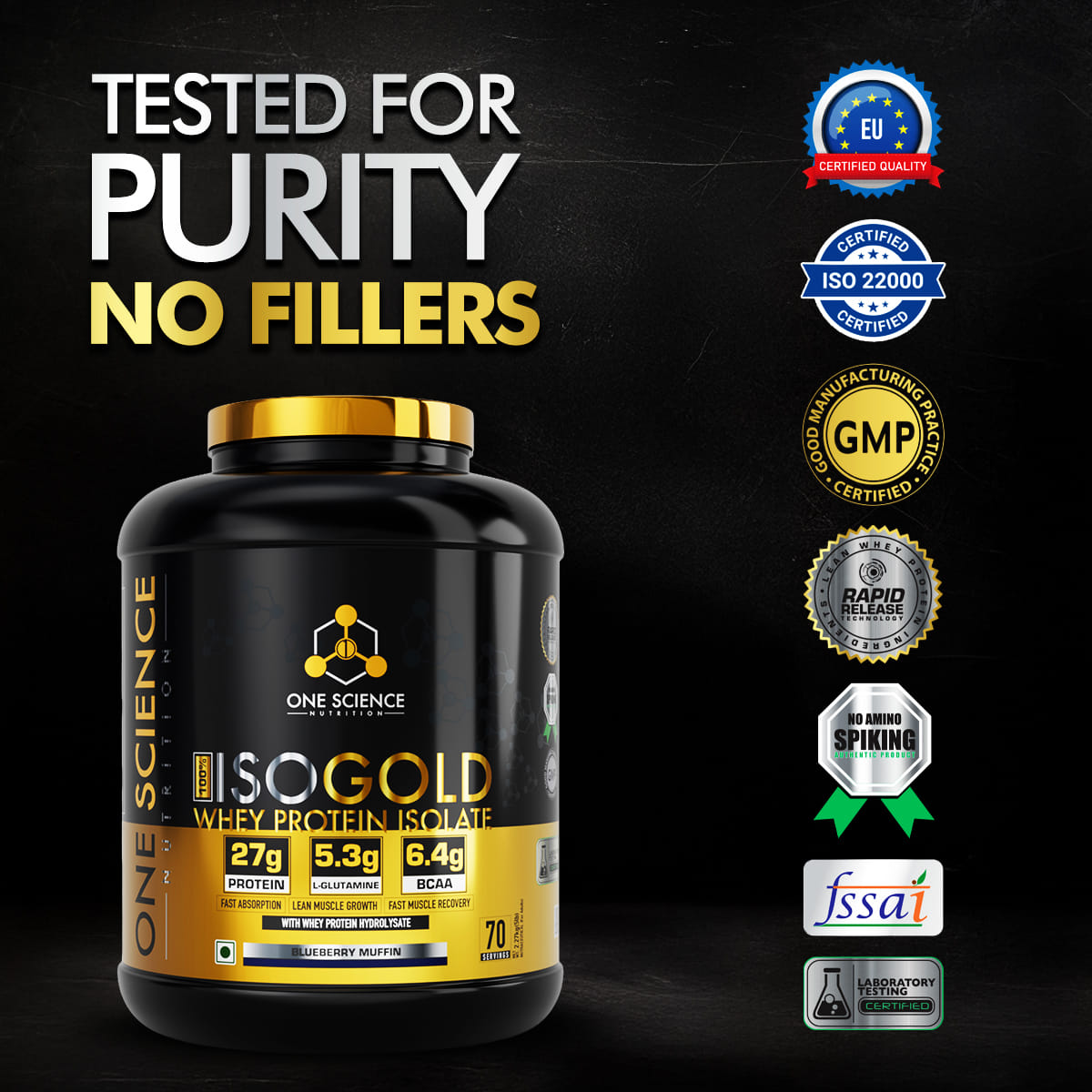 One Science Nutrition ISO Gold Whey Protein Isolate | 27g Protein, 5.3g L-Glutamine, 6.4g BCAA | Fast Absorption & Lean Muscle Support | Blueberry...