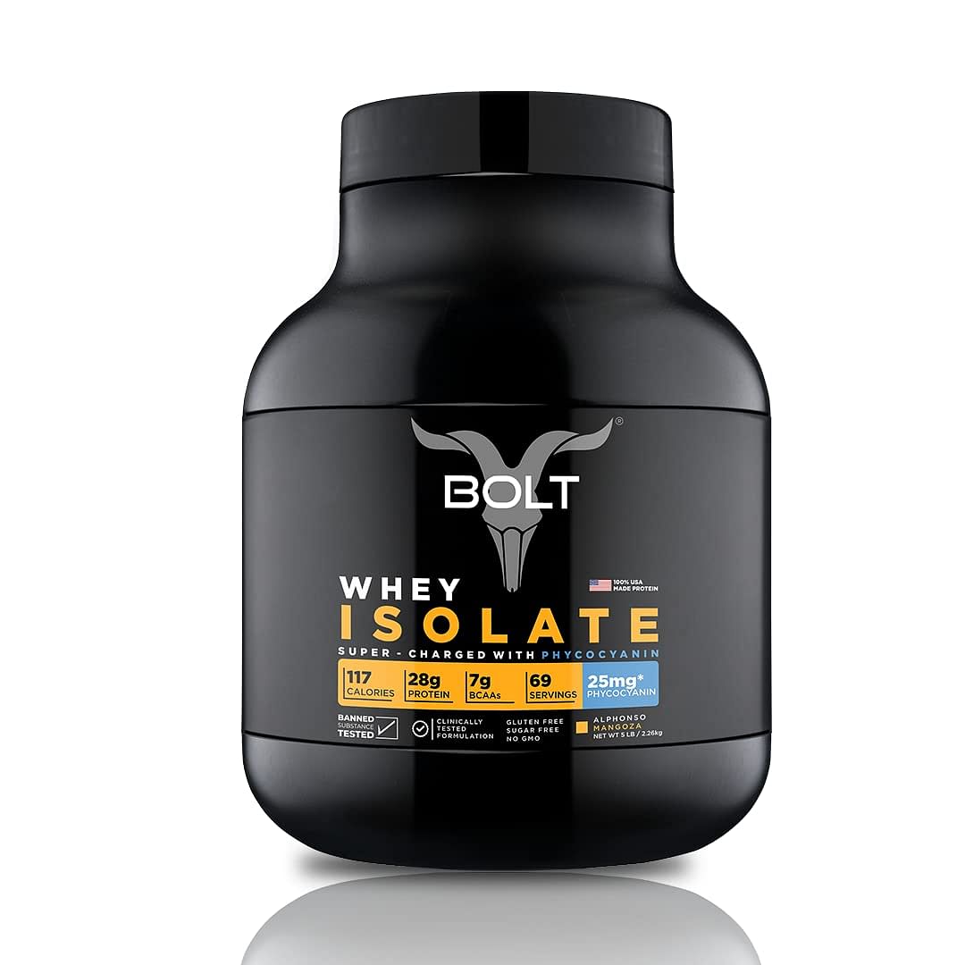 Bolt 100% Whey Isolate Protein 2.268kg | Alphonso Mangoza | 69 Servings | 28g Protein | 25mg Phycocyanin | Performance enhancer | Build lean muscle...
Bolt 100% Whey Isolate Protein 2.268kg | Alphonso Mangoza | 69 Servings | 28g Protein | 25mg Phycocyanin | Performance enhancer | Build lean muscle...
