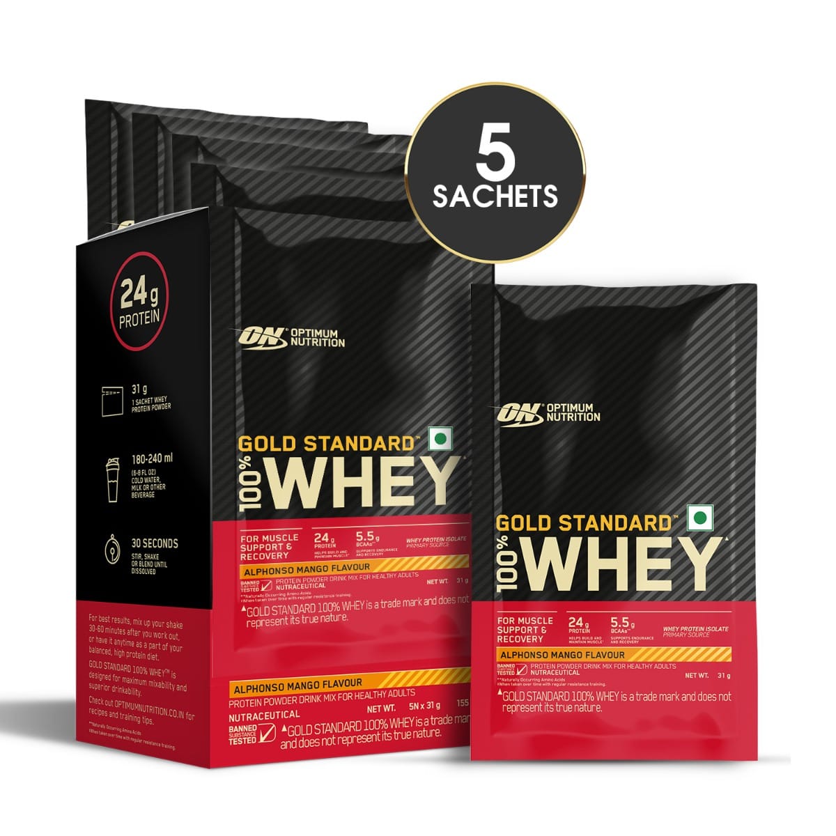 Optimum Nutrition (ON) Gold Standard 100% Whey Protein - 5 X 31g (Alphonso Mango) Single Serve Sachets, for Muscle Support & Recovery, Vege...
Optimum Nutrition (ON) Gold Standard 100% Whey Protein - 5 X 31g (Alphonso Mango) Single Serve Sachets, for Muscle Support & Recovery, Vege...