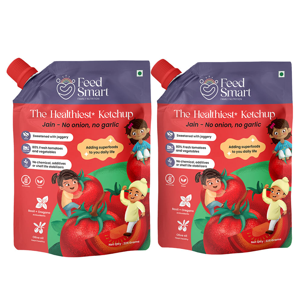 Feed Smart The Healthiest Jain Tomato Ketchup | Farm Fresh Real Red Riped, Sweetened by Jaggery, 100% Clean Ketchup | 225g | Pack of 2
Feed Smart The Healthiest Jain Tomato Ketchup | Farm Fresh Real Red Riped, Sweetened by Jaggery, 100% Clean Ketchup | 225g | Pack of 2