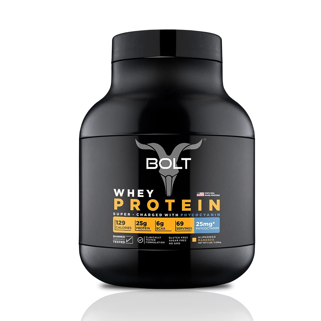 Bolt Whey Protein Powder 100% USA Made Whey Protein with PHYCOCYANIN for Quick Muscle Recovery & Bone Strength, Immunity | 2.26 kg | Alphonso Mangoza
Bolt Whey Protein Powder 100% USA Made Whey Protein with PHYCOCYANIN for Quick Muscle Recovery & Bone Strength, Immunity | 2.26 kg | Alphonso Mangoza
