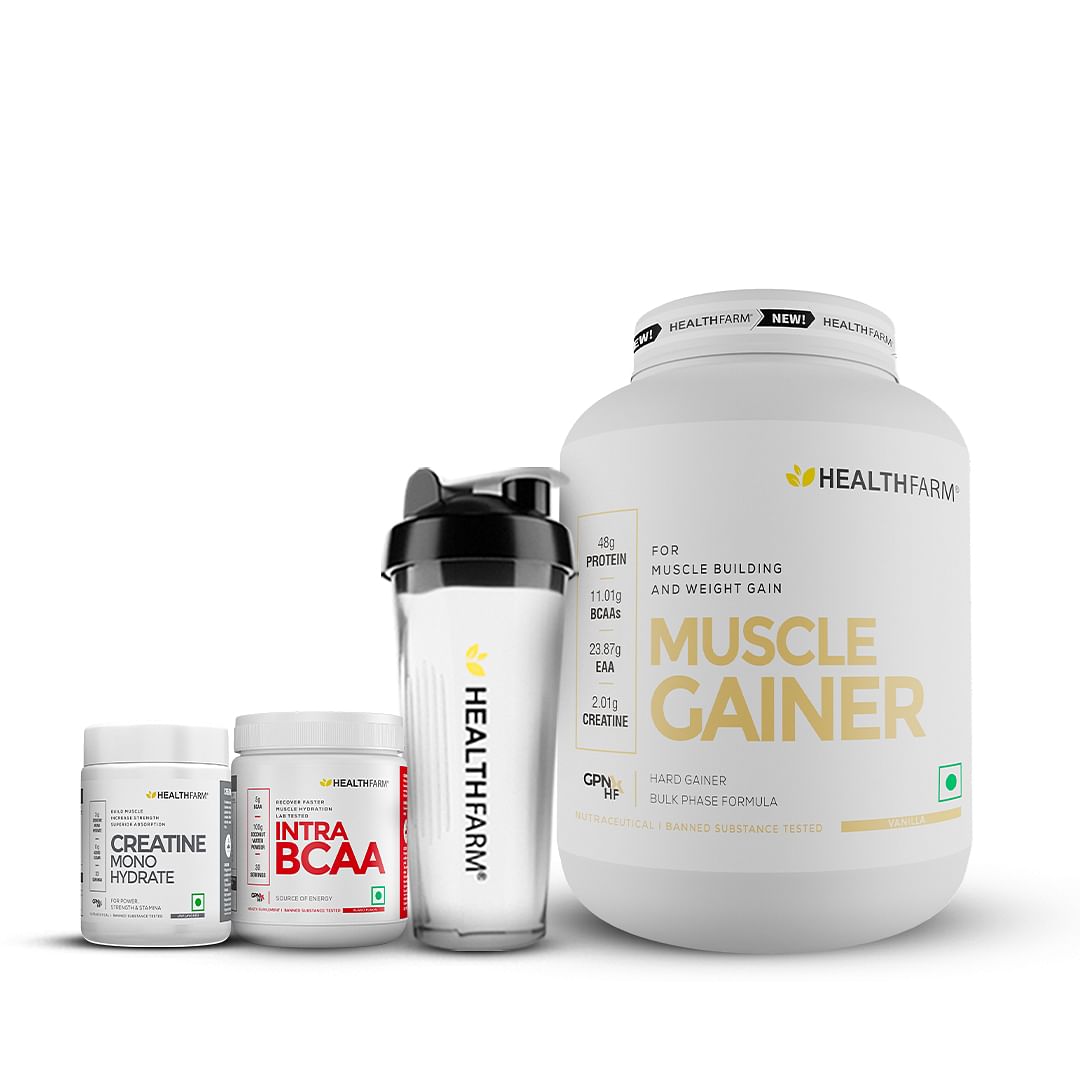 HEALTHFARM Muscle Gainer Vanilla 3kg +Creatine 100gm+Intra BCAA Island Fusion with Free Shaker
HEALTHFARM Muscle Gainer Vanilla 3kg +Creatine 100gm+Intra BCAA Island Fusion with Free Shaker