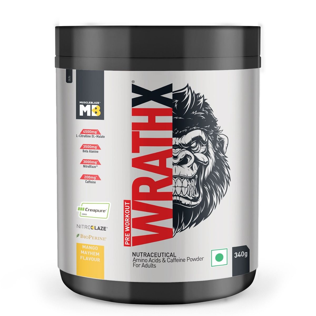 MuscleBlaze Pre Workout WrathX with Creapure®, Nitroblaze & BioPerine (Mango Mayhem, 340g, 20 Servings)
MuscleBlaze Pre Workout WrathX with Creapure®, Nitroblaze & BioPerine (Mango Mayhem, 340g, 20 Servings)