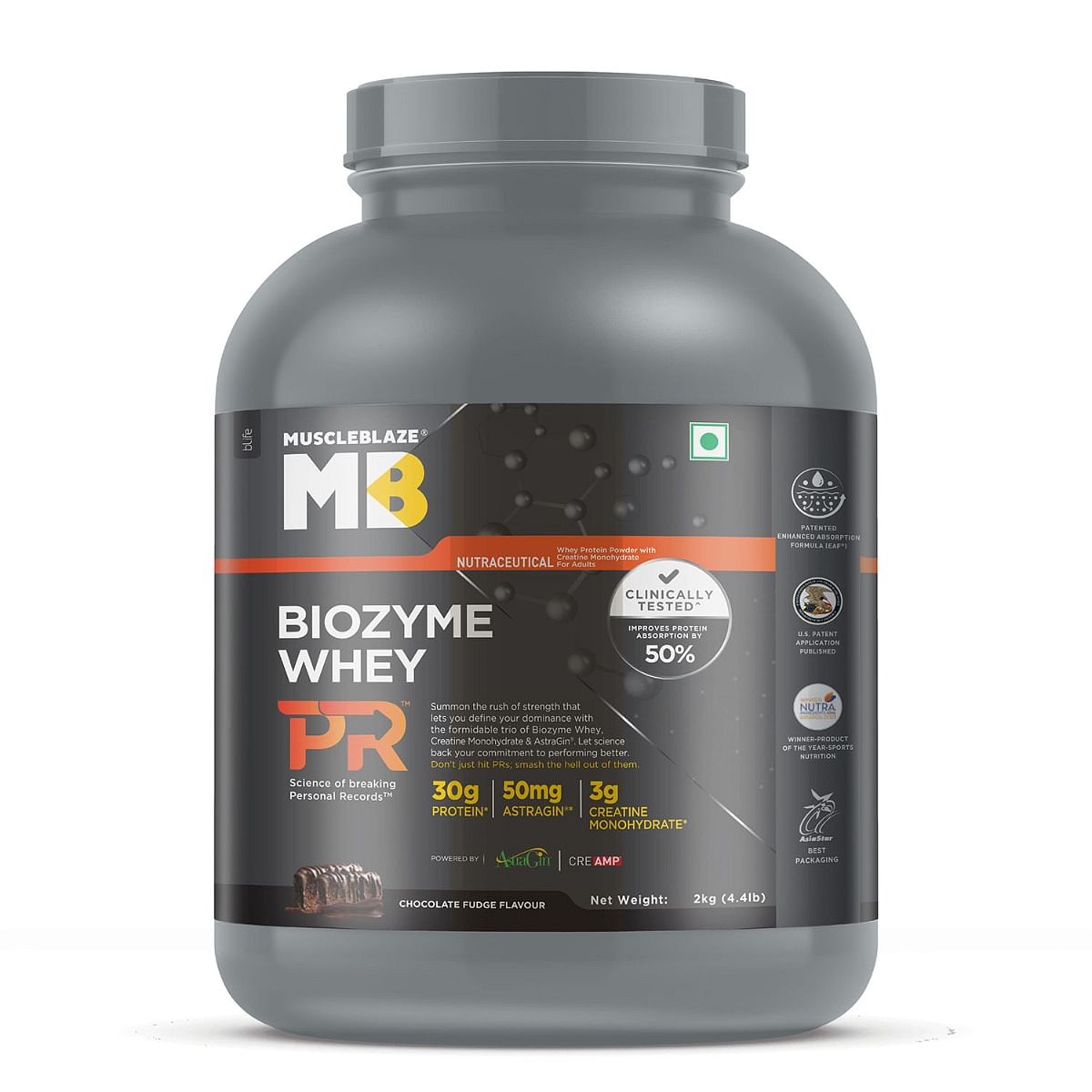 MuscleBlaze Biozyme Whey Protein PR with 30g Protein, 3g Creatine Monohydrate & 50mg AstraGin® (Chocolate Fudge, 2kg / 4.4lbs) | Trustified Gol...
MuscleBlaze Biozyme Whey Protein PR with 30g Protein, 3g Creatine Monohydrate & 50mg AstraGin® (Chocolate Fudge, 2kg / 4.4lbs) | Trustified Gol...