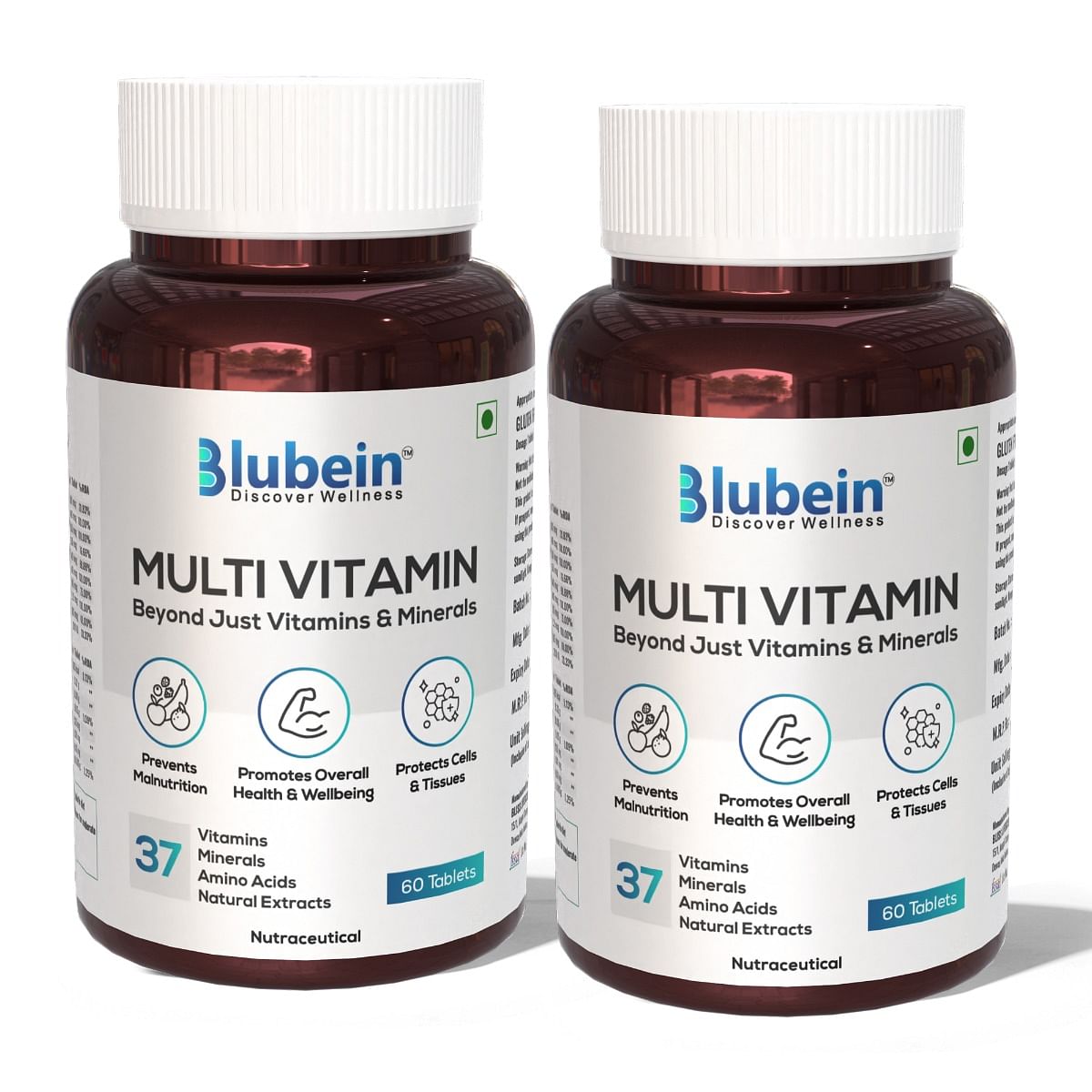 Blubein Multivitamin Tablet with 37 Vital Ingredients for Overall Health & Wellbeing | Vegan | 100% RDA - US FDA | For Men & Women - 60 Tablets x P...
Blubein Multivitamin Tablet with 37 Vital Ingredients for Overall Health & Wellbeing | Vegan | 100% RDA - US FDA | For Men & Women - 60 Tablets x P...