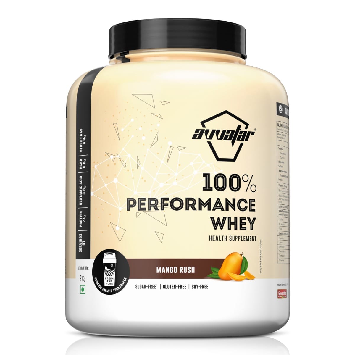 Avvatar PERFORMANCE WHEY PROTEIN | 2Kg | Mango Rush Flavour | 27g Protein | 57 Servings