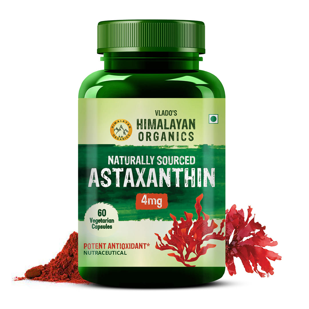 Vlado's Himalayan Organics Naturally Sourced Astaxanthin 4mg | Supports Antioxidant Brain, Eye & Skin Health | Improves Muscle Endurance & Recovery, Builds Immunity Pack of 60 Veg Capsules
