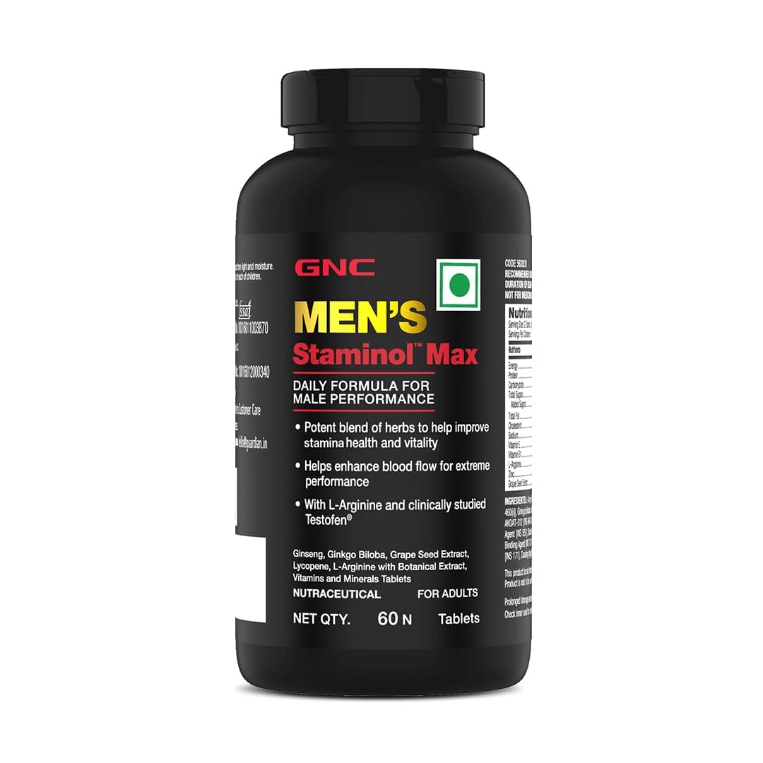 GNC Staminol Max for Men | Blend of 8 Super Herbs With Testofen | Boosts Testosterone | Harder & Longer Sessions | Improves Stamina, Vitality & Performance | Supports Sexual Health | 60 Veg Tablets