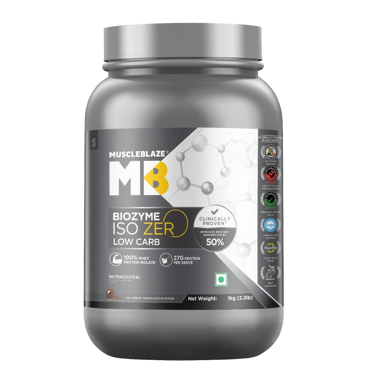 MuscleBlaze Biozyme Iso-Zero, Low Carb Whey Protein Isolate, 27 g Isolate Whey Per Scoop (Ice Cream Chocolate, 1 kg / 2.2 lb) with USA Patent-Published Enhanced Absorption Formula (EAF®), Informed Choice UK, Labdoor USA Certified