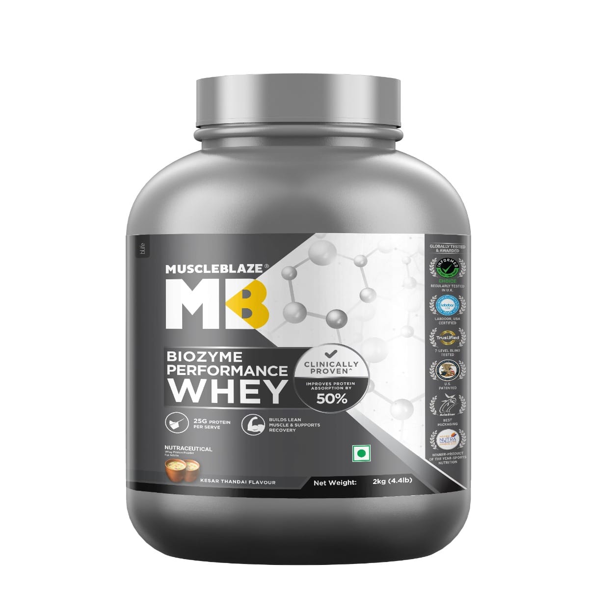 MuscleBlaze Biozyme Performance Whey, Labdoor USA Certified (Kesar Thandai, 2 kg / 4.4 lb, 55 Servings)