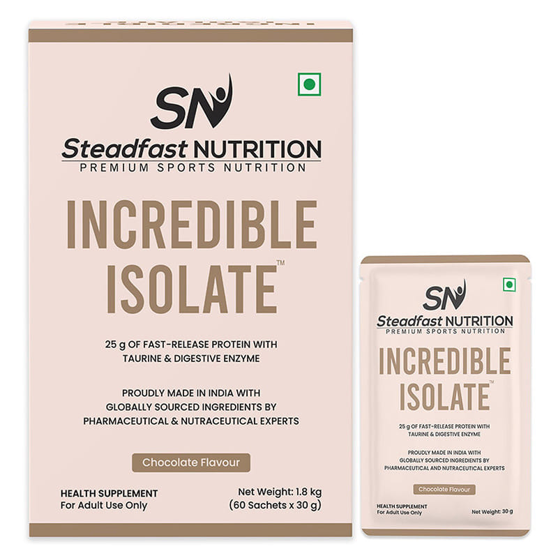 Steadfast Nutrition Incredible Isolate Whey Isolate Protein |100% Pure Isolate Powder with 25g Protein |Muscle Building & Weight Loss Supplement|Instant muscle recovery |1800g (Chocolate, 60 Sachets)