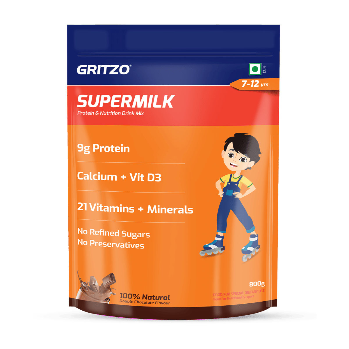 Gritzo SuperMilk Daily Nutrition (7-12y Young Athlete), 9g Protein (Double Chocolate, 800g) | Zero Refined Sugar, 21 Vitamins & Minerals