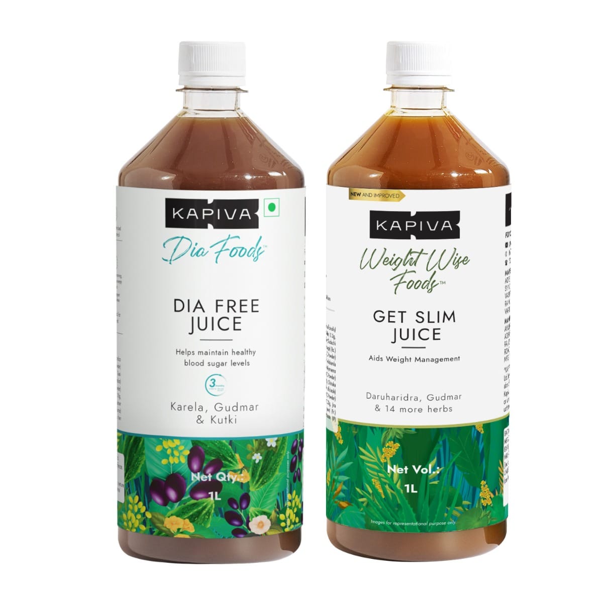 Kapiva Dia Free Juice + Get Slim Juice | Ayurvedic Combo for Blood Sugar Control and Holistic Weight Management (1L + 1L)