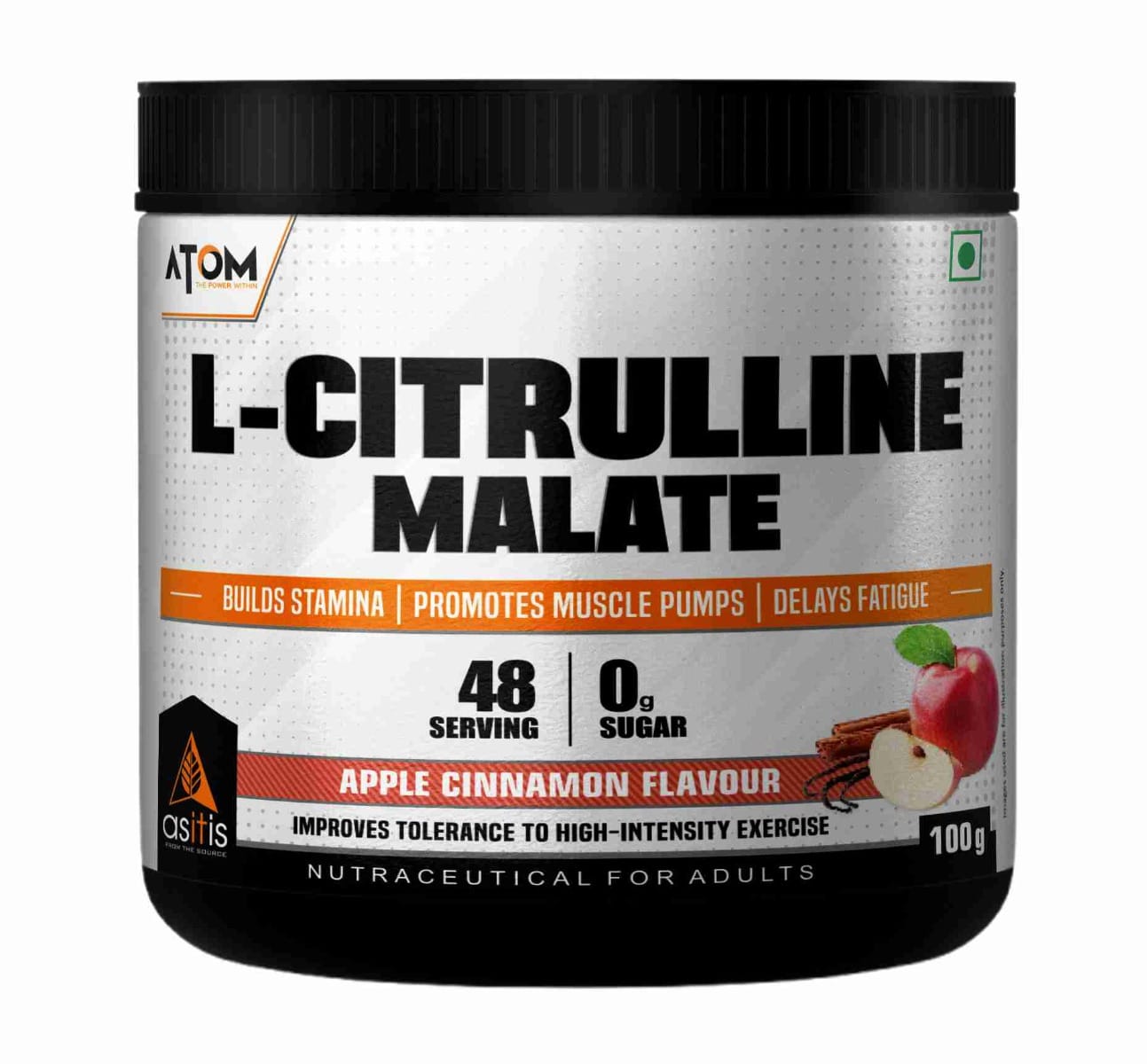 AS-IT-IS ATOM L Citrulline Malate 2:1 | 48 servings | 0 Sugar | Improves Tolerance to High-Intensity Exercise | Builds Stamina | Apple Cinnamon Flavour - 100gms