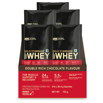 Optimum Nutrition (ON) Gold Standard 100% Whey Protein Powder- 5 X 30.4 g Single Serve Sachets (Double Rich Chocolate), for Muscle Support & Recovery, Vegetarian - Primary Source Whey Isolate