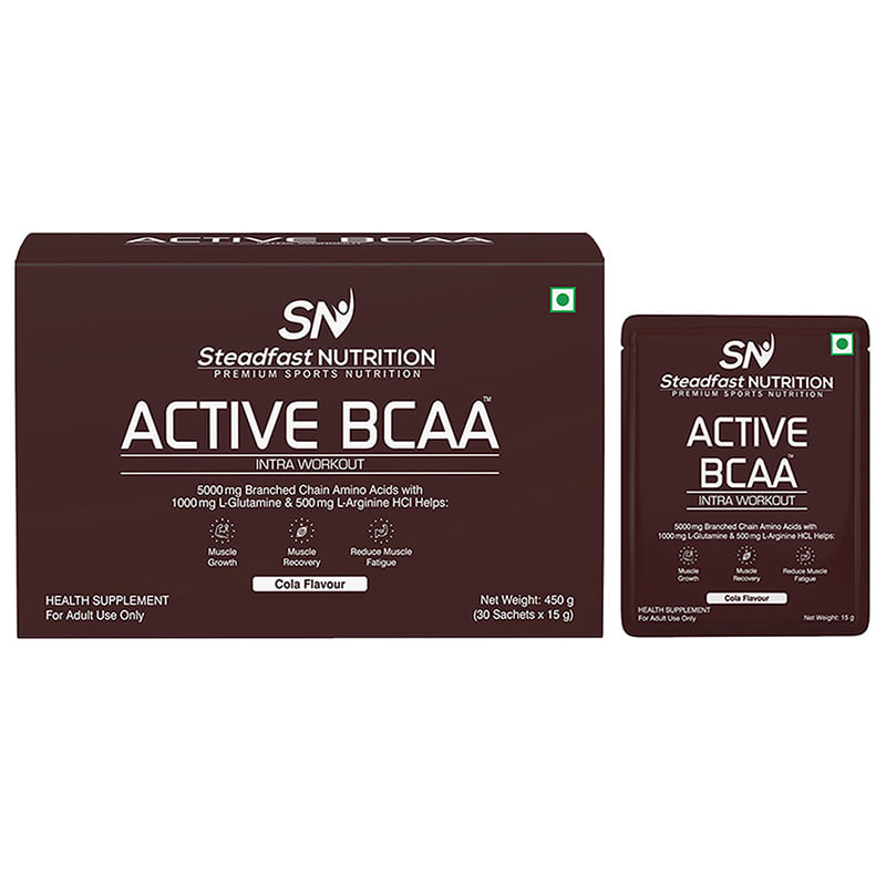Steadfast Nutrition Active BCAA | Pre Workout BCAA Supplement in 2:1:1 Ratio | Muscle Recovery & Endurance, Intra workout | BCAA with L-Glutamine & L-Arginine (Cola, 30 Sachets)