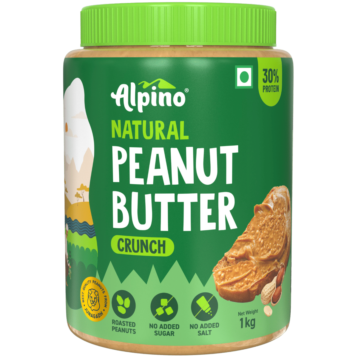 ALPINO 30g High Protein Natural Peanut Butter Crunch 1kg - Unsweetened, 100% Roasted Peanuts - Source of Healthy Fats, No Added Sugar & Salt