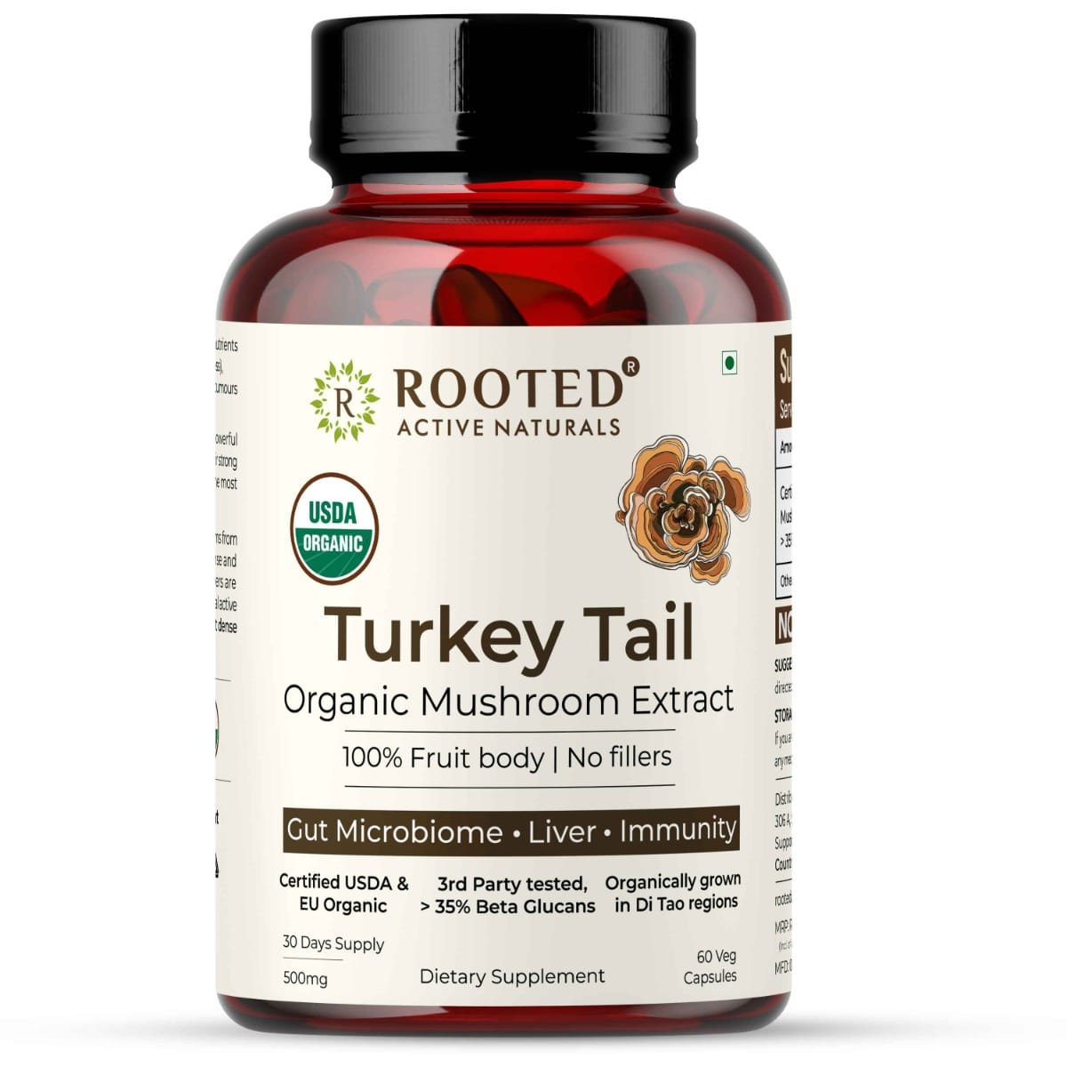 USDA Organic Turkey Tail Mushroom Extract. USDA Organic Turkey Tail Mushroom Extract (60 Veg Caps, 500 mg), 35% Beta Glucans