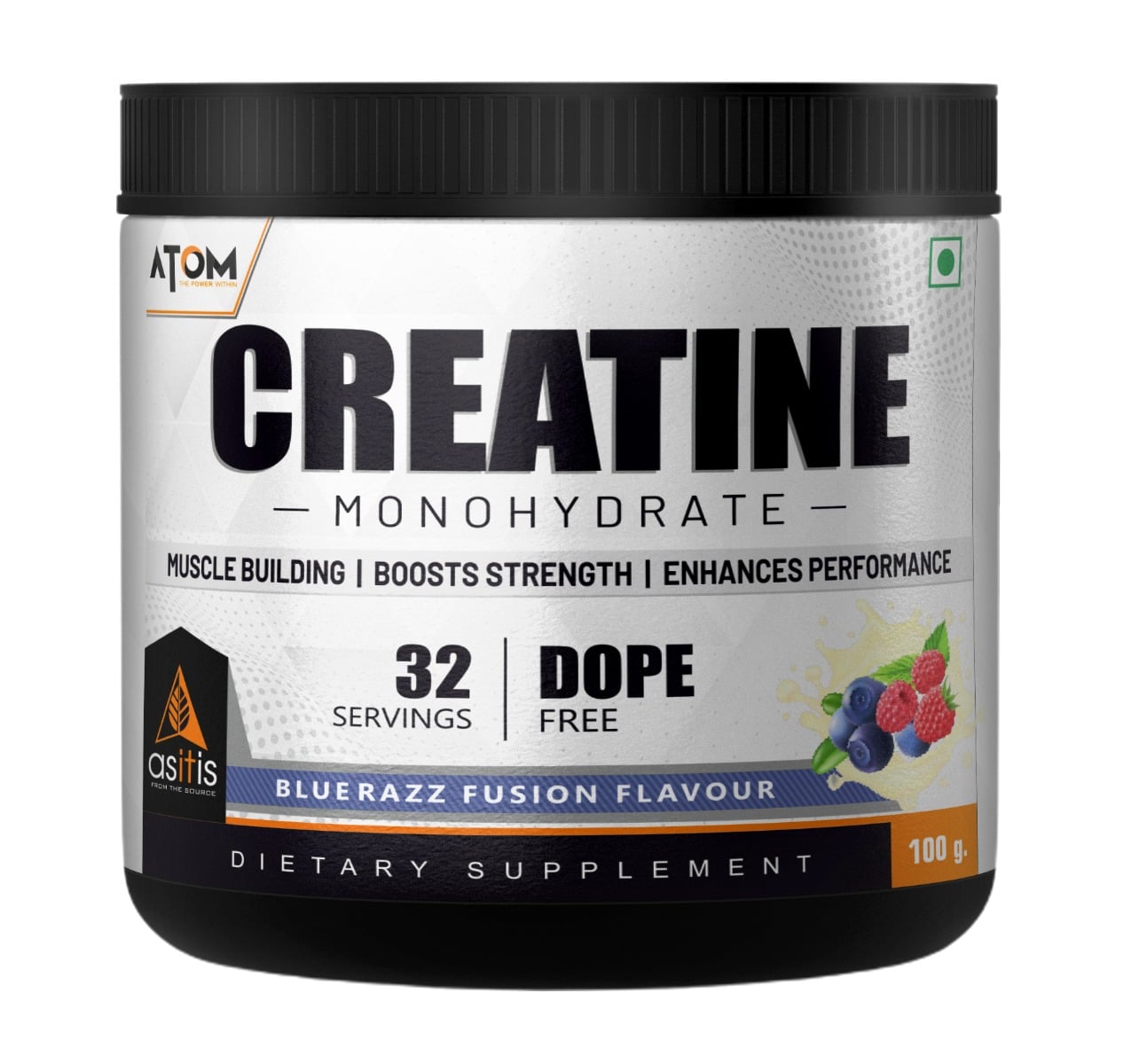 AS-IT-IS ATOM Creatine Monohydrate 100g | Blue razz | 32 Servings | Dope Free | Enhances Performance | Promotes Muscle Gains