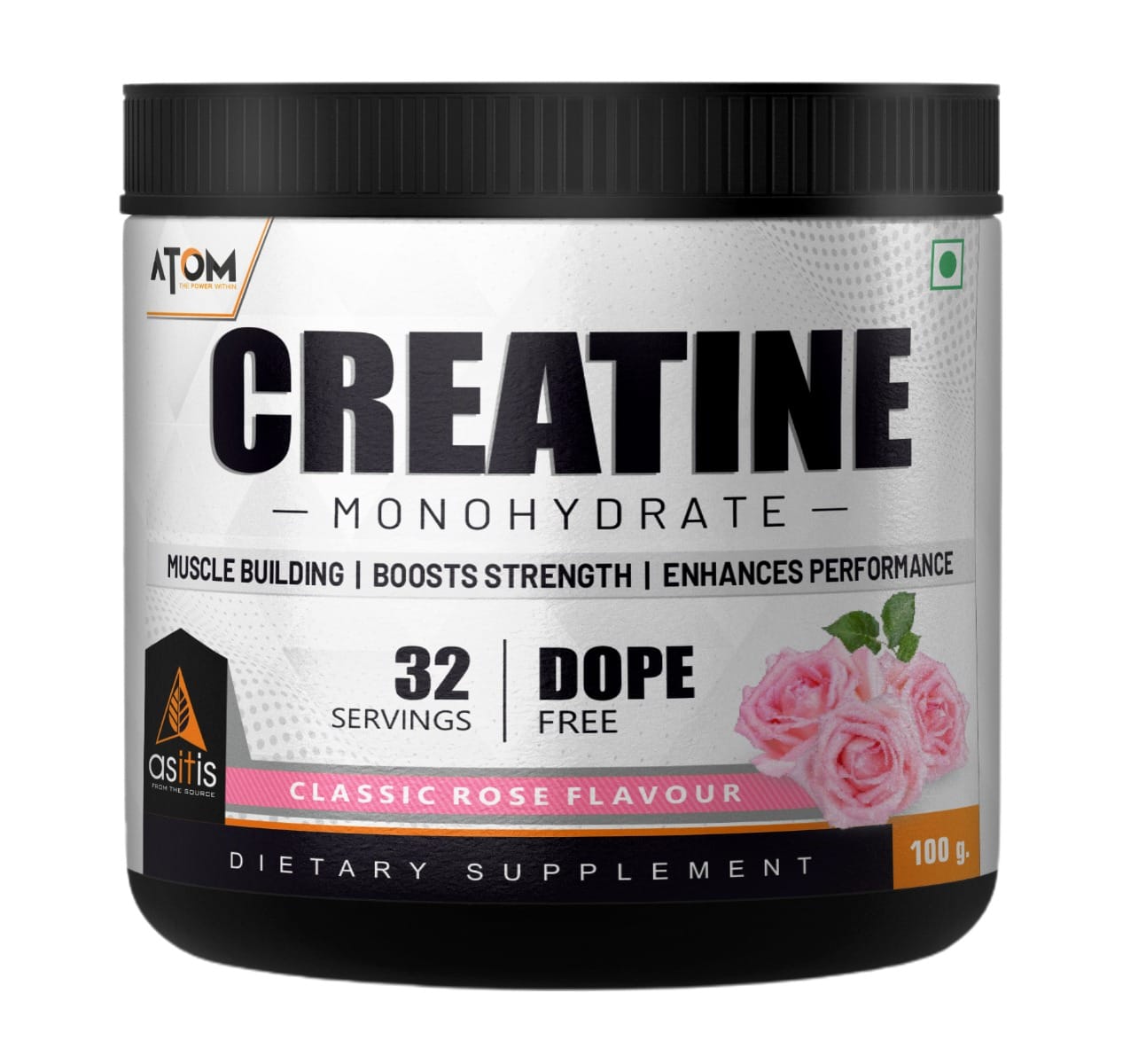 AS-IT-IS ATOM Creatine Monohydrate - 32 Servings, Dope Free, Enhances Performance, Promotes Muscle Gains - Classic Rose - 100g