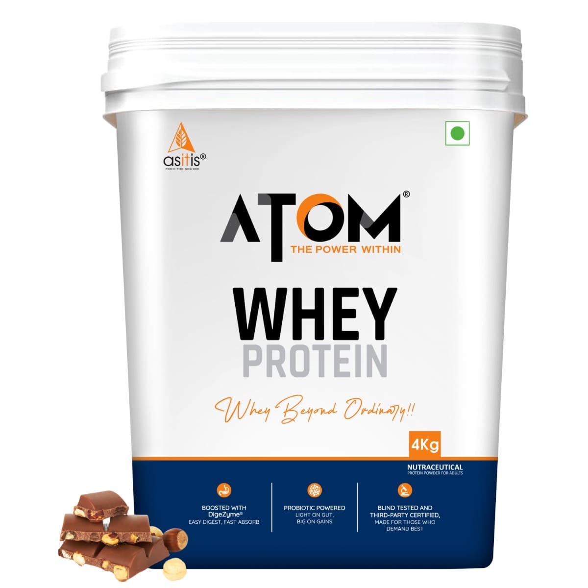AS-IT-IS ATOM Whey Protein 4 kg | Choco Hazel Fusion | 111 Servings | 27g protein | 5.7g BCAA | Digestive Enzymes