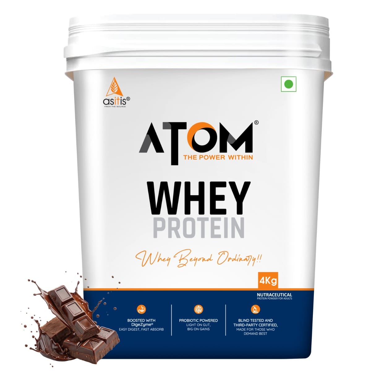 AS-IT-IS ATOM Whey Protein 4kg | Double Rich Chocolate | 111 Servings | 27g protein | 5.7g BCAA | Digestive Enzymes